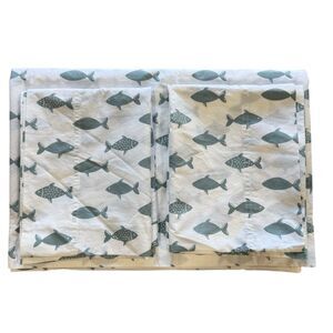 Garnet Hill Twin Flat Sheet & 2 Pillowcases Mini-Print Percale Blue Fish Set EUC